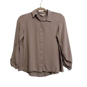 Olive + Oak Blouse‎ Women's Small Rayon Button Down 3/4 Roll Sleeve Taupe
